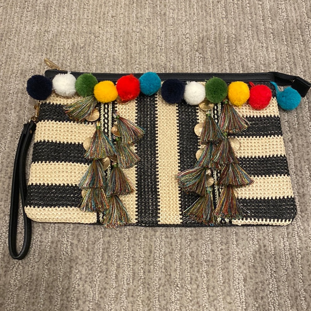 Aldo Straw Clutch w/ Multicolor Pom Pom and Tassels - NWOT